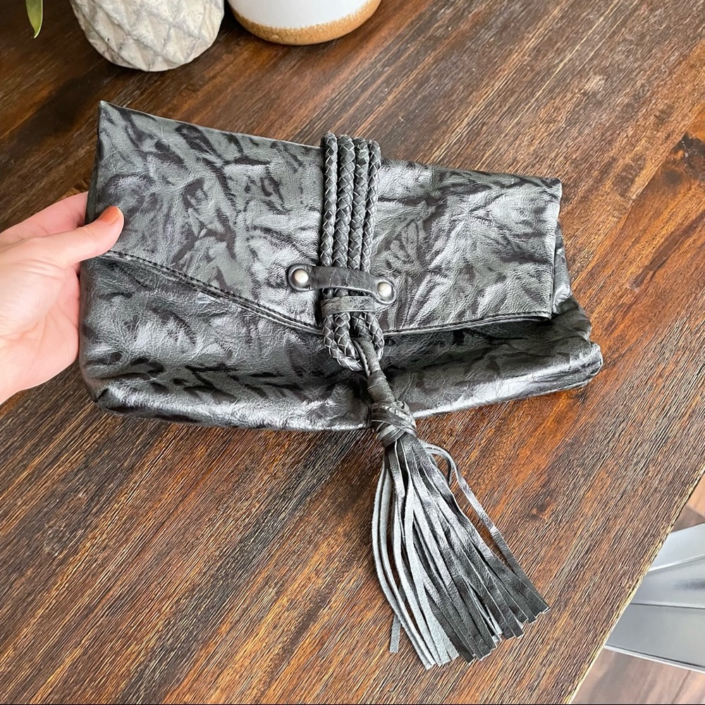 Hype Leather black blue green braided tassel fold over large capacity clutch